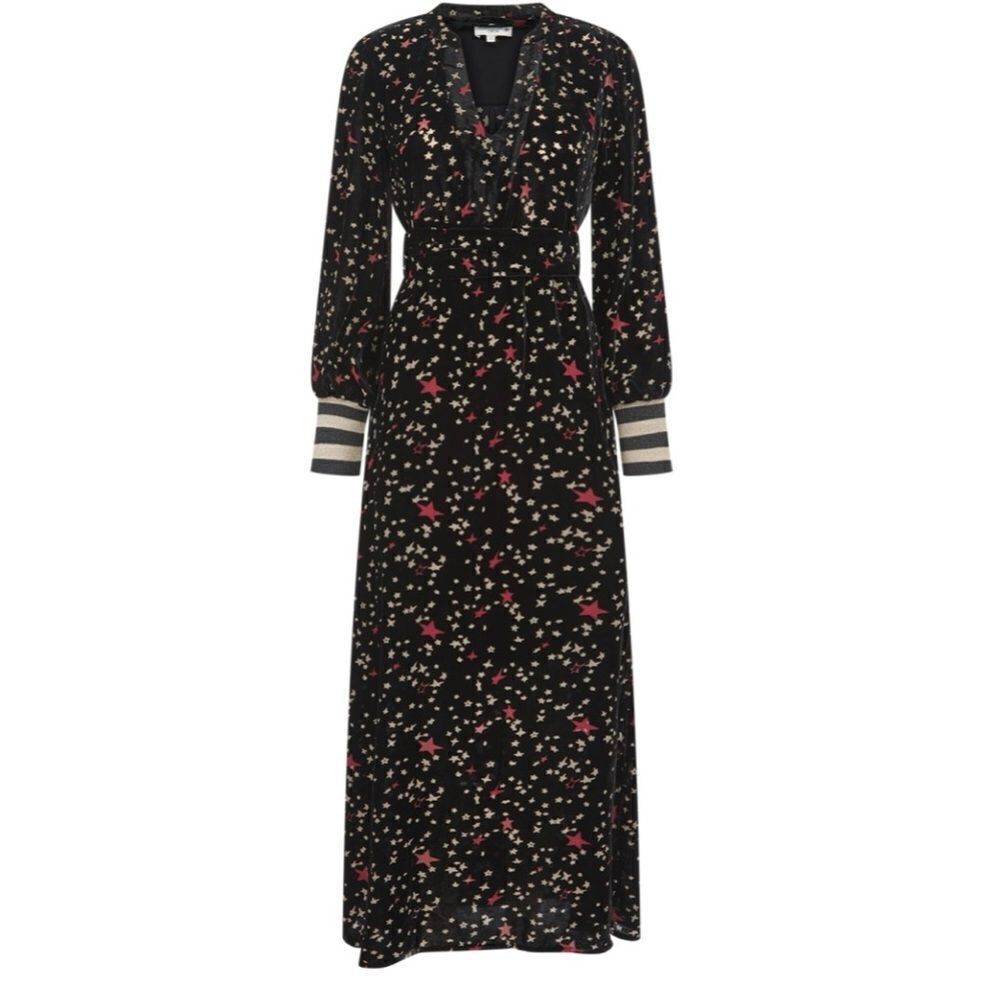 Celestial Print Black Dress with Sash Tie, EUC size Medium
